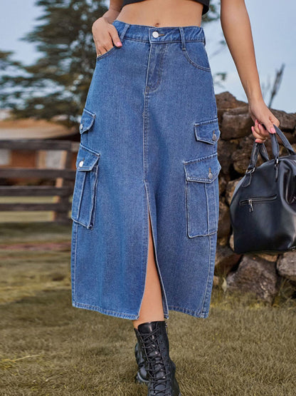 Urban Safari Elastic Waist Denim Cargo Casual Midi Skirt