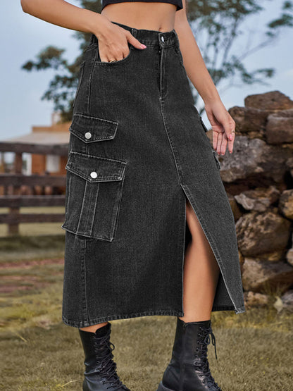 Urban Safari Elastic Waist Denim Cargo Casual Midi Skirt