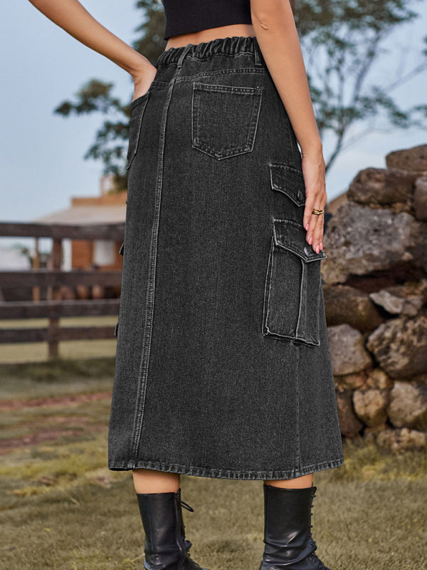 Urban Safari Elastic Waist Denim Cargo Casual Midi Skirt