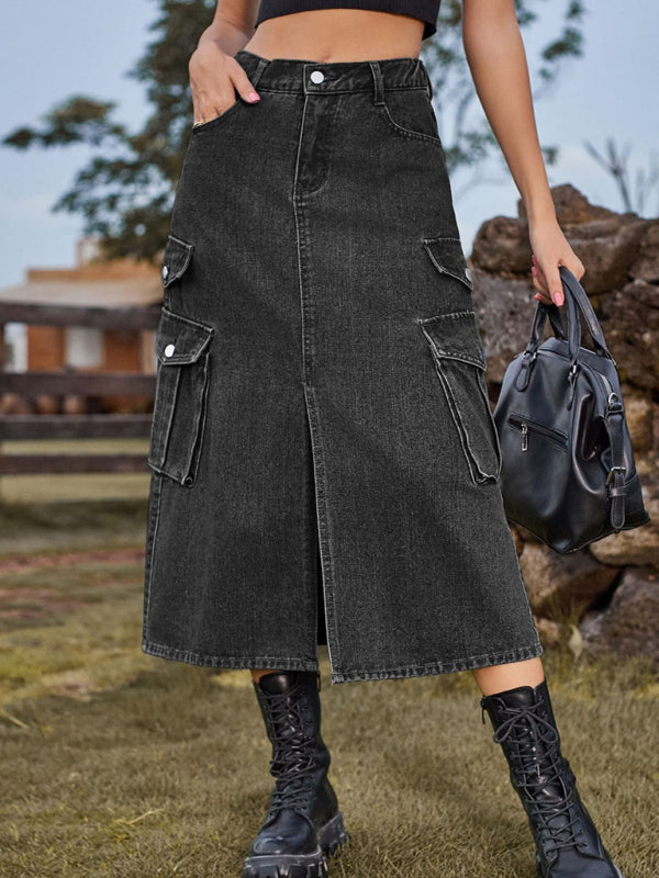 Urban Safari Elastic Waist Denim Cargo Casual Midi Skirt