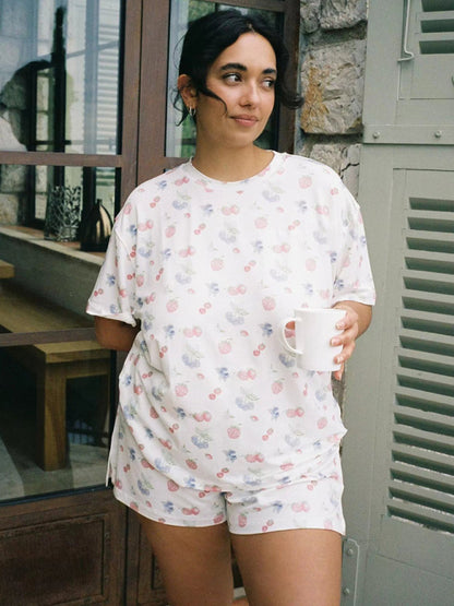 Women's Lovely Printed Short-Sleeve Pajama Set with Irregular Slit Shorts