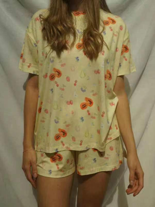 Women's Lovely Printed Short-Sleeve Pajama Set with Irregular Slit Shorts