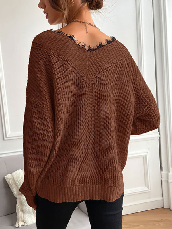 Women's Patchwork V-Neck Lace Pullover Solid Color Drop Shoulder Knitted Sweater