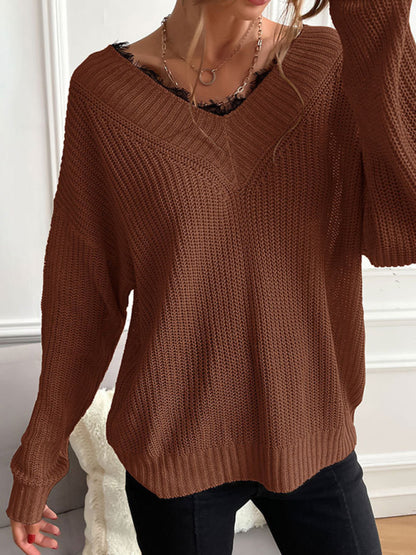 Women's Patchwork V-Neck Lace Pullover Solid Color Drop Shoulder Knitted Sweater