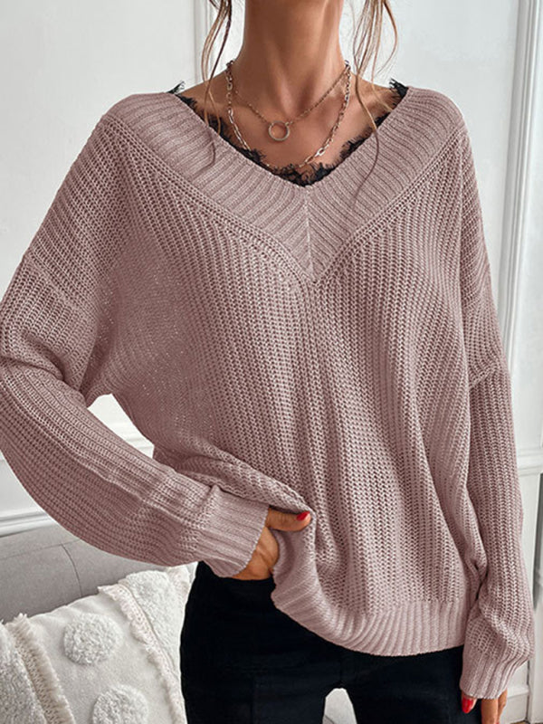 Women's Patchwork V-Neck Lace Pullover Solid Color Drop Shoulder Knitted Sweater