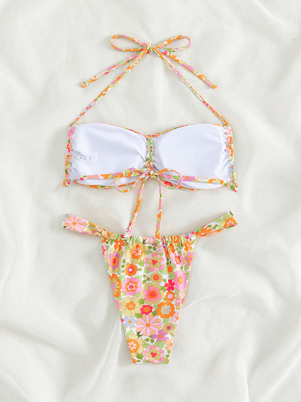 Women's Sexy Brazilian Style Floral Print High Waist Strap Micro Bikini