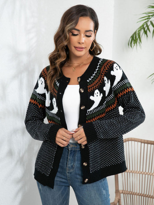 Women's Halloween Ghost Retro Spooky Polka Dot Knitted Cardigan