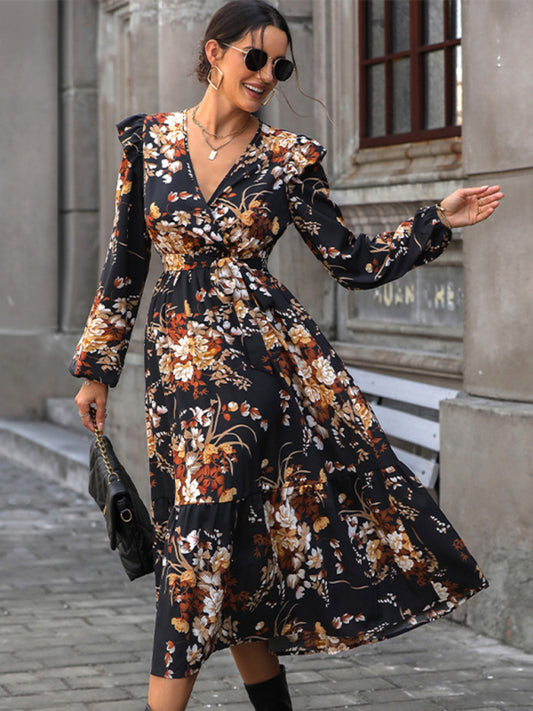 Women's Elegant Floral Ruffle Belt Printed Autumn Midi Dress