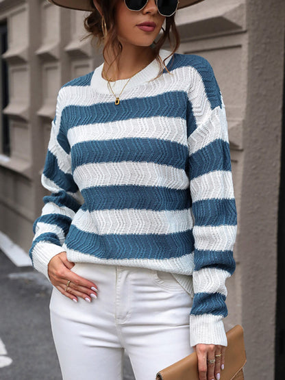 Women's Knitted Striped Pattern Long Sleeve Pullover Sweater