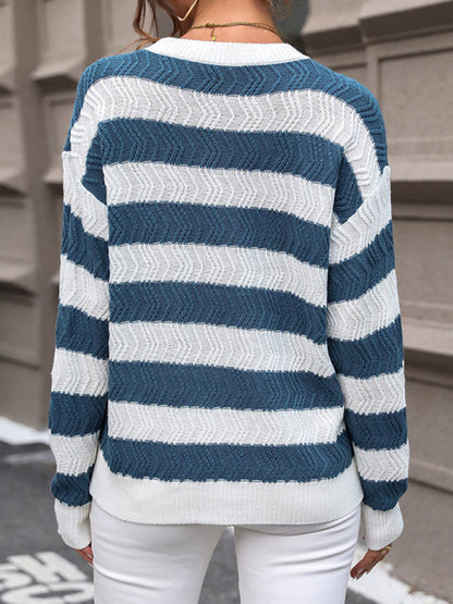 Women's Knitted Striped Pattern Long Sleeve Pullover Sweater