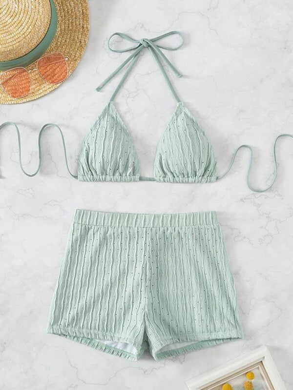 Women's Seashell Textured Ribbed Lace-Up Two-Piece Classic Bikini Set