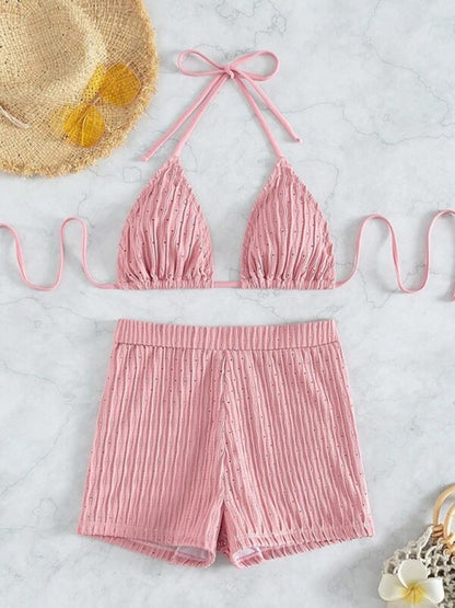 Women's Seashell Textured Ribbed Lace-Up Two-Piece Classic Bikini Set