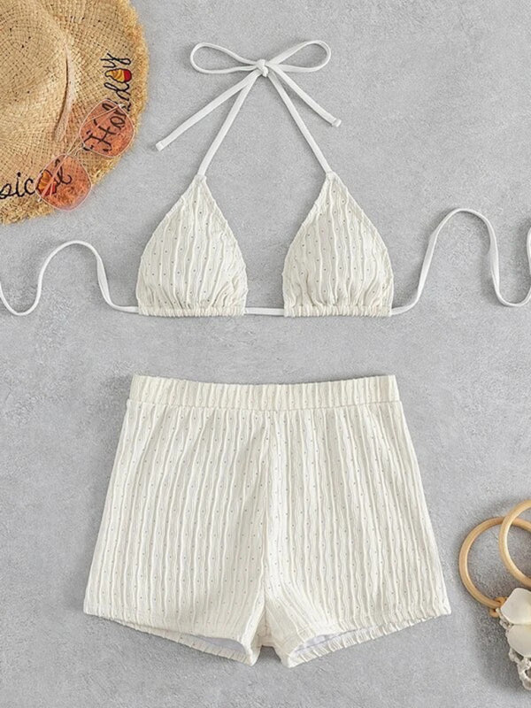 Women's Seashell Textured Ribbed Lace-Up Two-Piece Classic Bikini Set