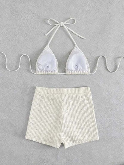 Women's Seashell Textured Ribbed Lace-Up Two-Piece Classic Bikini Set