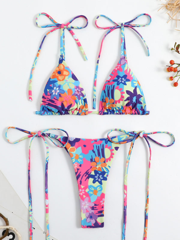 Women's Floral Print High-Waisted Strappy Micro String Bikini