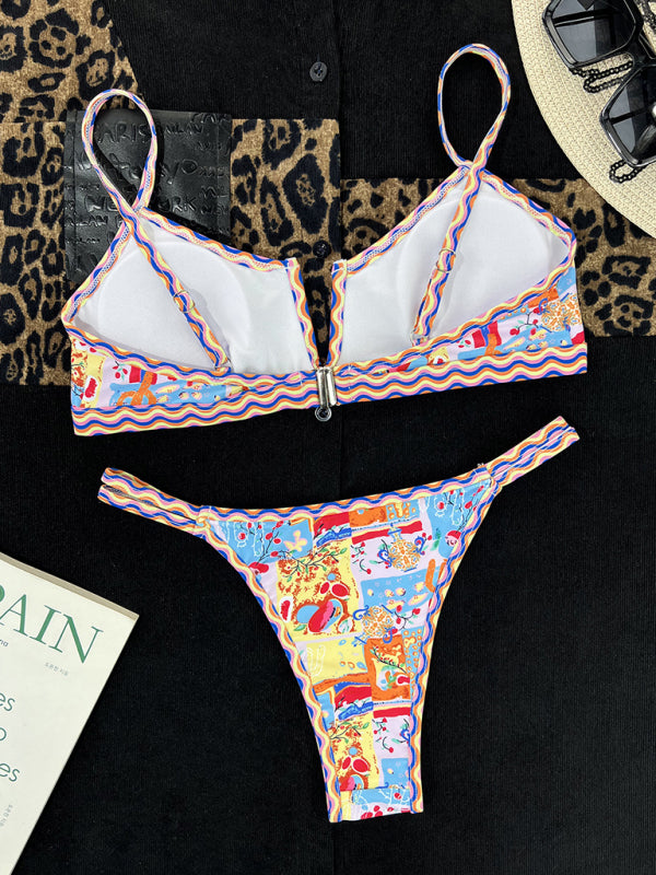 Women's Sexy Ethnic Print V-Neck Colorful Edge Trim Split Bikini Set