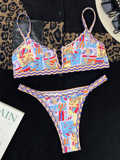 Women's Sexy Ethnic Print V-Neck Colorful Edge Trim Split Bikini Set