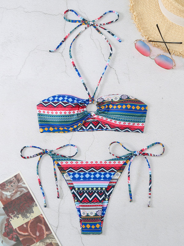 Women's Exotic Tropical Ethnic Print Tube Top Lace-Up Adjustable Multi-Color String Bikini