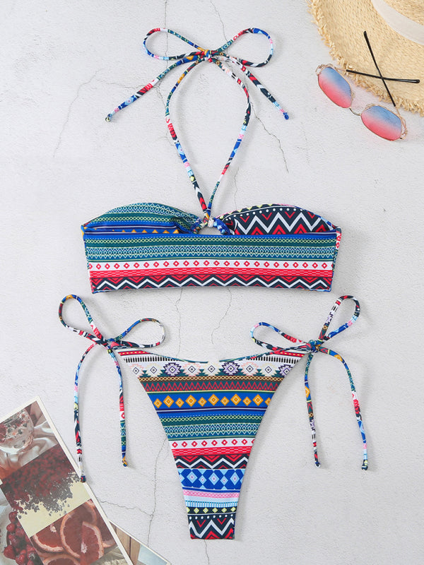 Women's Exotic Tropical Ethnic Print Tube Top Lace-Up Adjustable Multi-Color String Bikini