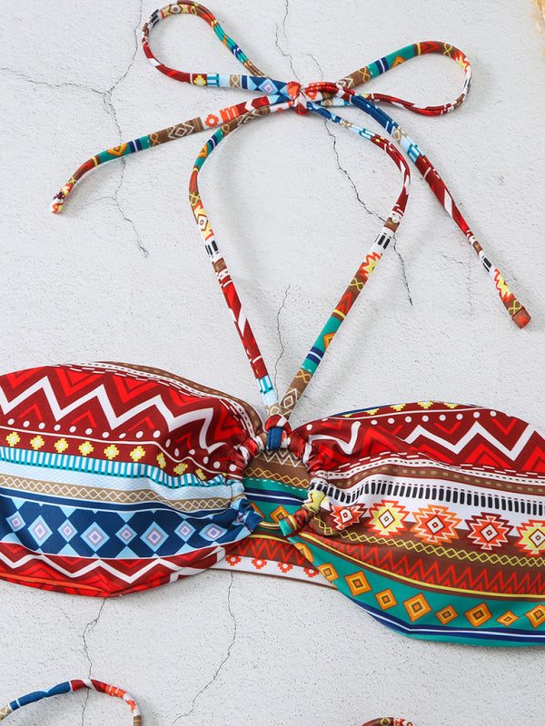 Women's Exotic Tropical Ethnic Print Tube Top Lace-Up Adjustable Multi-Color String Bikini