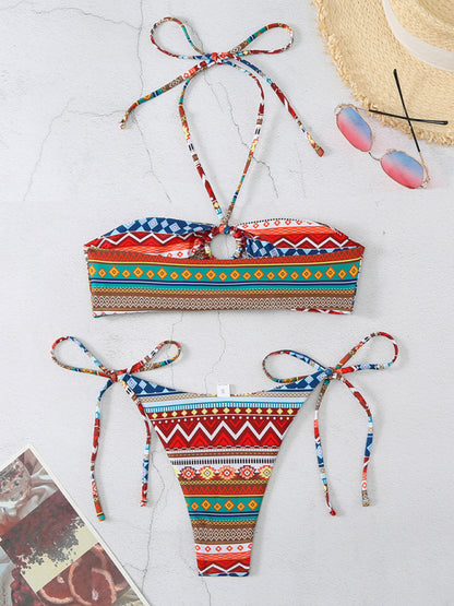 Women's Exotic Tropical Ethnic Print Tube Top Lace-Up Adjustable Multi-Color String Bikini