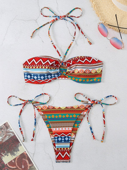 Women's Exotic Tropical Ethnic Print Tube Top Lace-Up Adjustable Multi-Color String Bikini