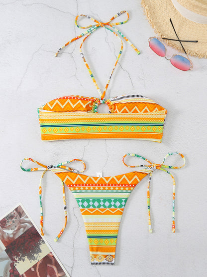 Women's Exotic Tropical Ethnic Print Tube Top Lace-Up Adjustable Multi-Color String Bikini