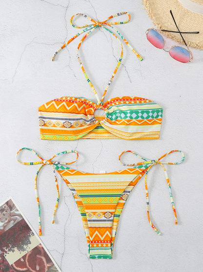 Women's Exotic Tropical Ethnic Print Tube Top Lace-Up Adjustable Multi-Color String Bikini