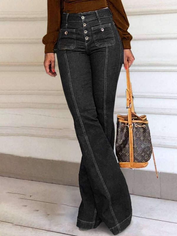 Women's Casual Urban Stretch Slim Fit Spliced High-Waist Flared Denim Trousers