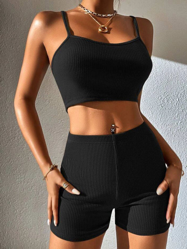 Women's Sexy Suspender Strap Tank Top & Tight Shorts Sports Set