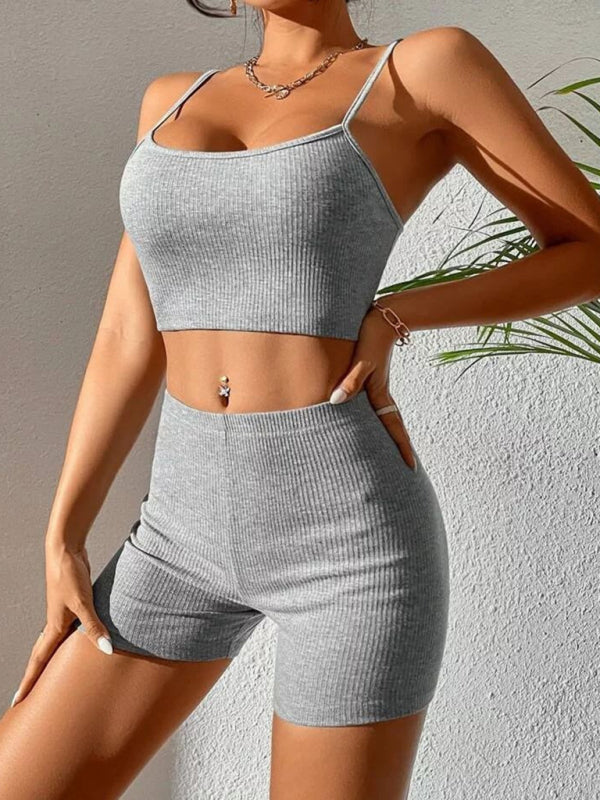 Women's Sexy Suspender Strap Tank Top & Tight Shorts Sports Set