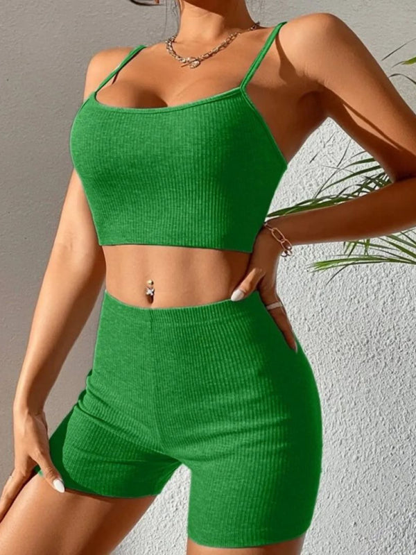 Women's Sexy Suspender Strap Tank Top & Tight Shorts Sports Set