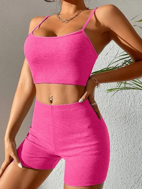 Women's Sexy Suspender Strap Tank Top & Tight Shorts Sports Set