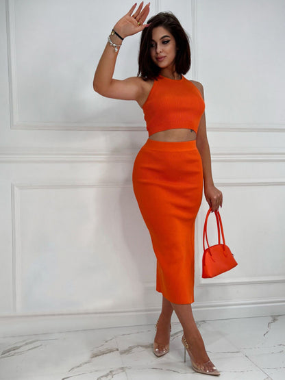 Women's Solid Color Vest Top & Slim Fit Slit Skirt Two-Piece Dress Set