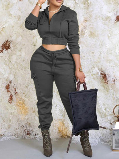 Women's Stylish Urbanite Solid Color Hooded Crop Top Lace-Up Trousers Two-Piece Set