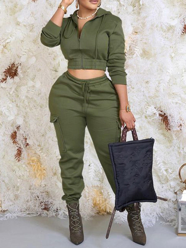 Women's Stylish Urbanite Solid Color Hooded Crop Top Lace-Up Trousers Two-Piece Set