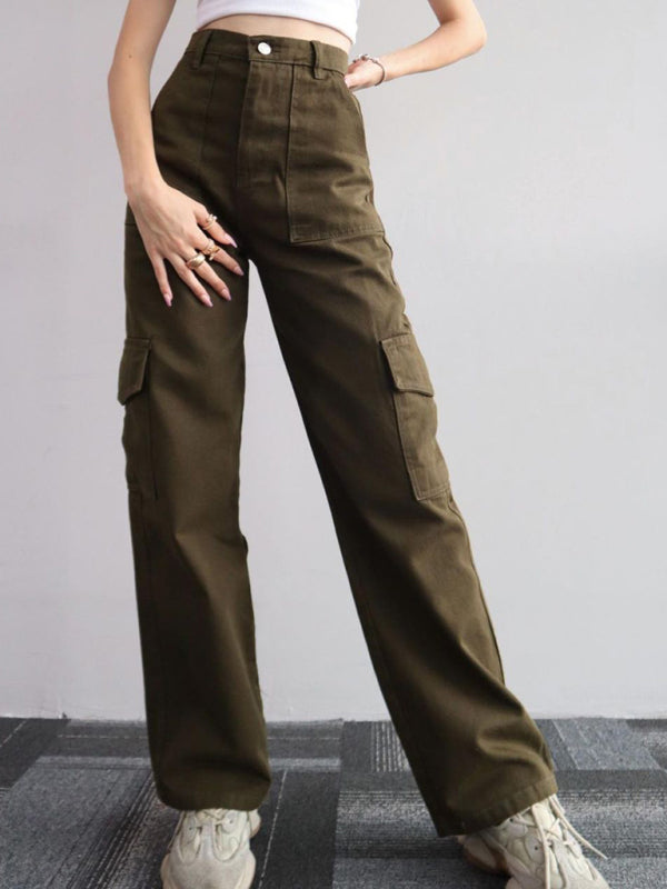 Versatile Casual Mid-Rise Three-Dimensional Pocket Waist-Cinch Trousers