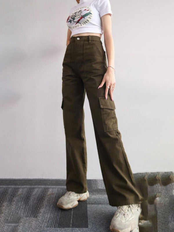 Versatile Casual Mid-Rise Three-Dimensional Pocket Waist-Cinch Trousers