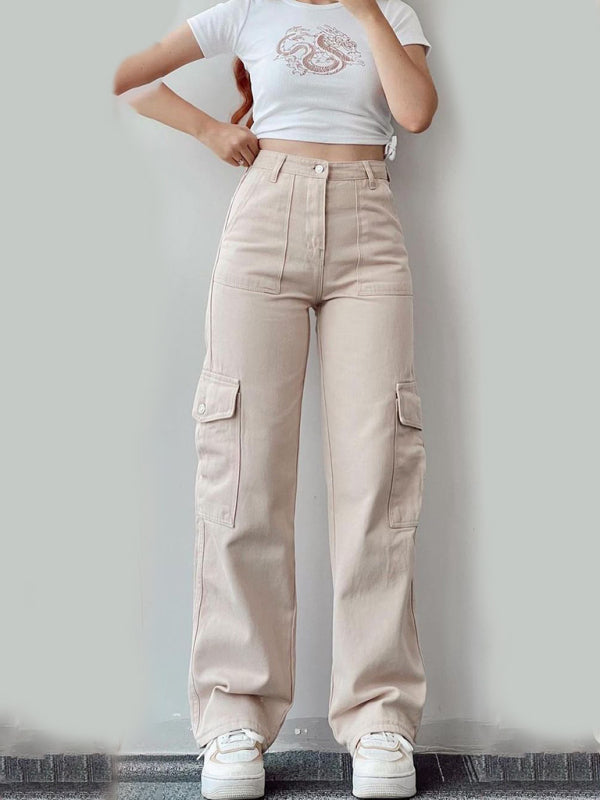 Versatile Casual Mid-Rise Three-Dimensional Pocket Waist-Cinch Trousers