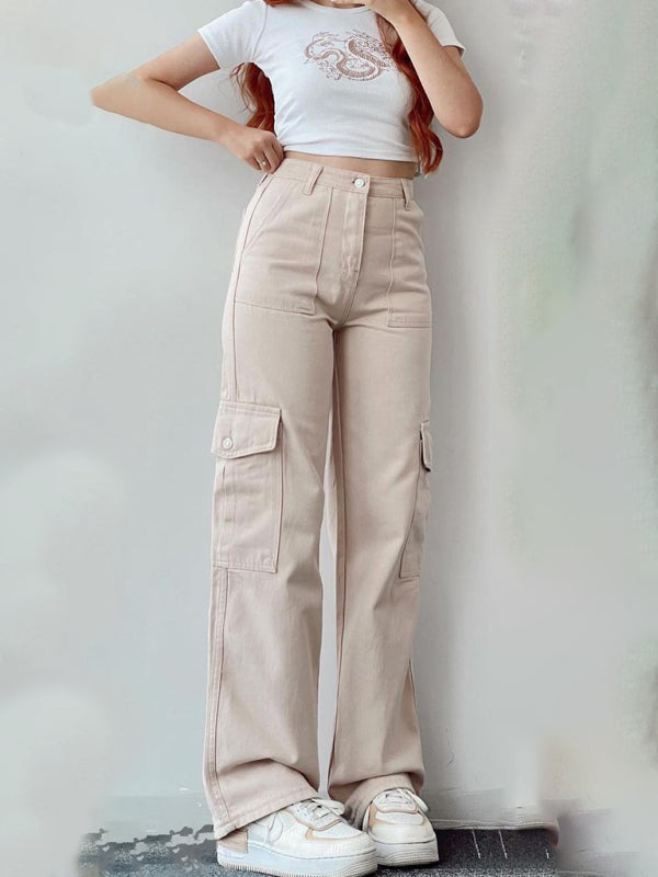 Versatile Casual Mid-Rise Three-Dimensional Pocket Waist-Cinch Trousers