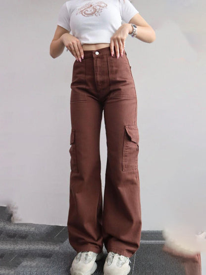 Versatile Casual Mid-Rise Three-Dimensional Pocket Waist-Cinch Trousers