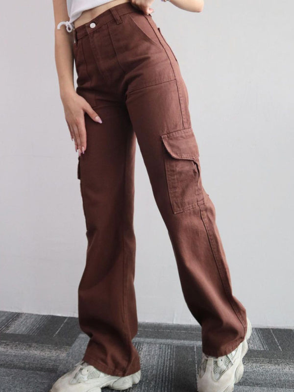 Versatile Casual Mid-Rise Three-Dimensional Pocket Waist-Cinch Trousers