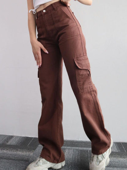 Versatile Casual Mid-Rise Three-Dimensional Pocket Waist-Cinch Trousers