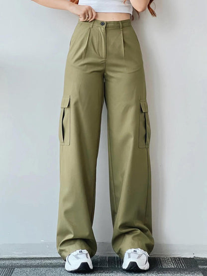 Versatile Casual Mid-Rise Three-Dimensional Pocket Waist-Cinch Trousers