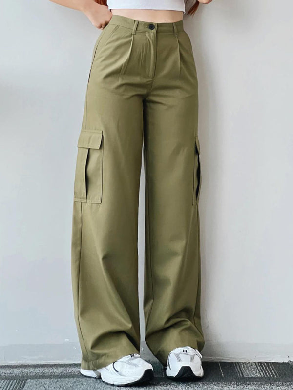 Versatile Casual Mid-Rise Three-Dimensional Pocket Waist-Cinch Trousers