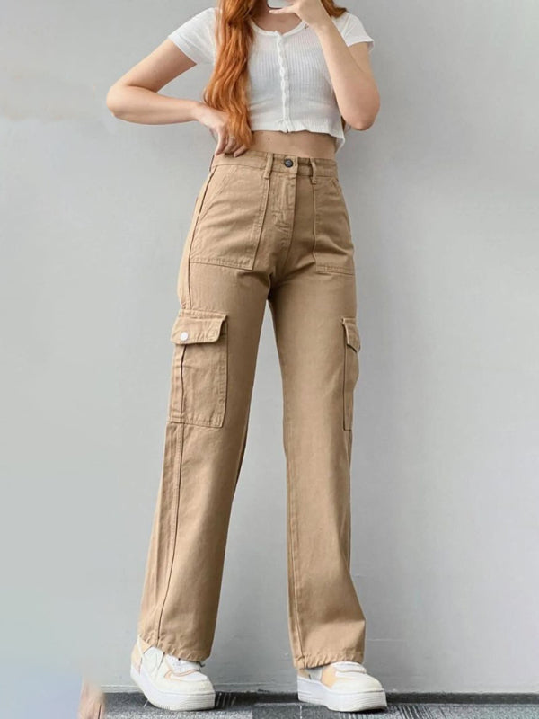 Versatile Casual Mid-Rise Three-Dimensional Pocket Waist-Cinch Trousers