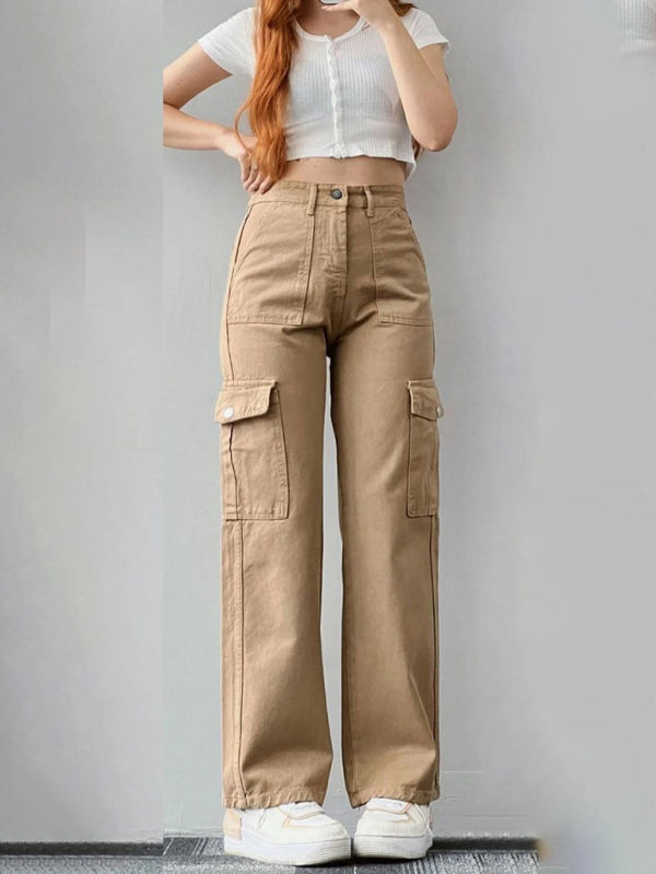 Versatile Casual Mid-Rise Three-Dimensional Pocket Waist-Cinch Trousers