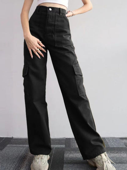 Versatile Casual Mid-Rise Three-Dimensional Pocket Waist-Cinch Trousers