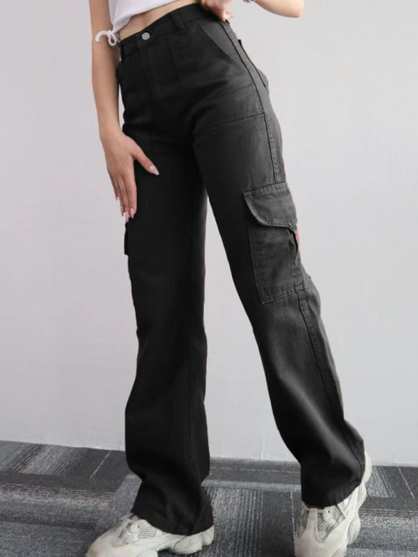 Versatile Casual Mid-Rise Three-Dimensional Pocket Waist-Cinch Trousers