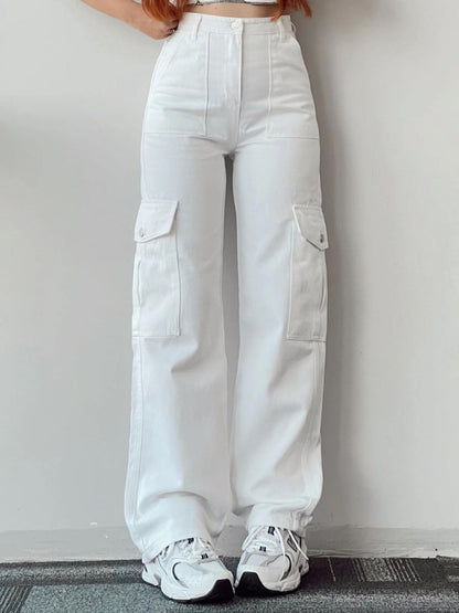 Versatile Casual Mid-Rise Three-Dimensional Pocket Waist-Cinch Trousers